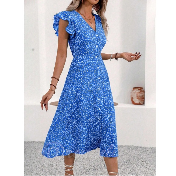 Boho Blue Floral V Neck Ruffle Hem Midi Length, A Line Button Up Dress - Picture 5 of 7